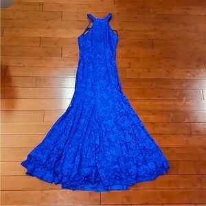 B.Darlin blue, halter neck, floor length, mermaid gown